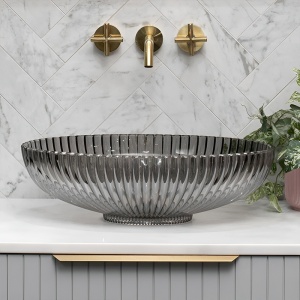 Lavoar oval din sticla cu caneluri Brillant Platinium Black Gloss 51 x 35 cm - Img 12