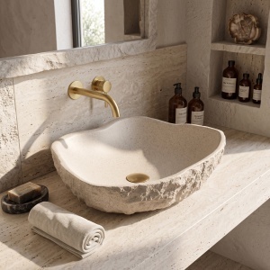 Lavoar pe blat Rea Isla Warm Beige cu textura de piatra naturala