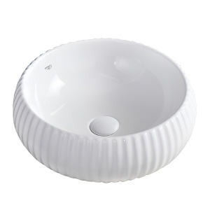 Lavoar rotund cu fixare pe blat alb lucios si caneluri Naomi White Gloss 40 x 15 cm