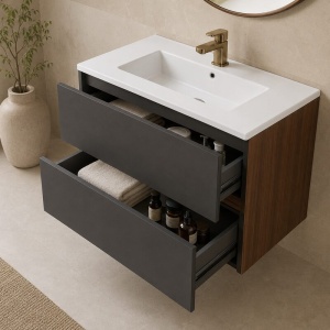 Mobilier suspendat pentru lavoar Fluminia Genova 80 negru mat rovere moka 80 x 46 x 50 cm - Img 2