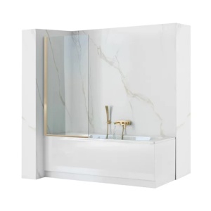 Pachet cada rectangulara Besco Quadro 175x80 cm alb, paravan de cada Rea Elegant 70x140 cm auriu, sifon cada si capac sifon - Img 9