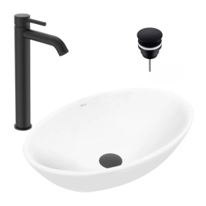 Pachet lavoar pe blat Rea Pamela alb 53 cm, baterie lavoar Ideal Standard Ceraline negru si ventil lavoar Click-Clack negru - Img 1