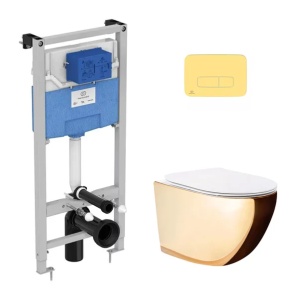 Pachet vas wc suspendat Rea Carlo, capac softclose, rezervor incastrat Ideal Standard Ideal Standard ProSys si clapeta Ideal Standard ProSys auriu - Img 1