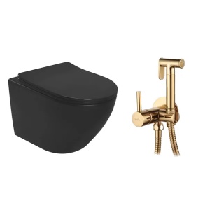Pachet vas wc suspendat Rea Carlo, capac softclose si set dus igiena intima auriu cu baterie incastrata Invena Bidetta - Img 1