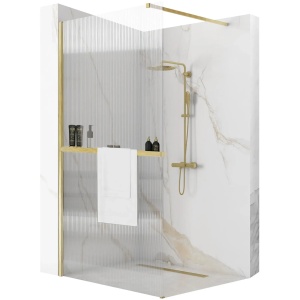 Paravan de dus 100x195 cm tip Walk-in Rea Aero Intimo si etajera cu suport Gold brush