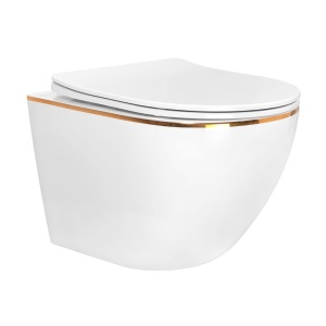 Set Bideu REA CARLO MINI si Vas WC REA CARLO MINI FLAT EDGE, Montaj suspendat, Ceramica sanitara, Capac Soft-Close inclus, Alb/Auriu - Img 4