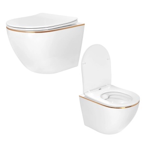 Set Bideu REA CARLO MINI si Vas WC REA CARLO MINI FLAT EDGE, Montaj suspendat, Ceramica sanitara, Capac Soft-Close inclus, Alb/Auriu - Img 14