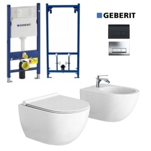 Set Bideu si Vas WC PRO GEBERIT, montaj suspendat, Vas WC VERONA Minerva RIMLESS + Bideu + Capac Soft-Close Inclus SLIM PREMIUM + Cadru + Clapeta - Img 1