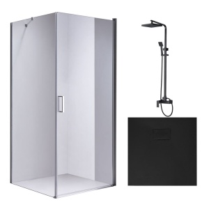 Set cabina de dus 80 x 80 cm cu cadita de dus neagra si baterie cu para tip ploaie MO-8000