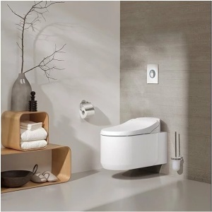 Set complet Grohe Sensia Arena vas WC suspendat, clapeta Nova crom, capac inchidere lenta si bideu electric, rezervor Grohe Rapid SL, kit spalare automata