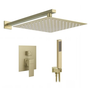 Set de dus incastrat, auriu periat, cap de dus subtire Veldman Quadro, 30 cm cu perie aurie