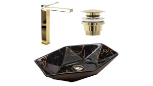 Set lavoar VEGAS MARBLE black si baterie inalta DUET GOLD, DOP universal gold - Img 1