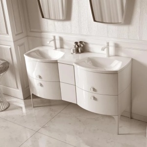 Set mobilier baie suspendat Oristo Louis negru 4 sertare cu lavoar dublu alb mat 144 cm - Img 2