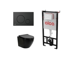 Set ramă de montaj cu rezervor și clapetă de acționare Alcadrain M678 și vas WC suspendat Fluminia Ricci Tornado negru mat