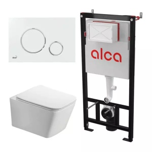 Set rezervor WC cu cadru incastrat Alcadrain AM101/1120 si clapeta M770 alb plus vas WC Fluminia Paris cu capac softclose - Img 1