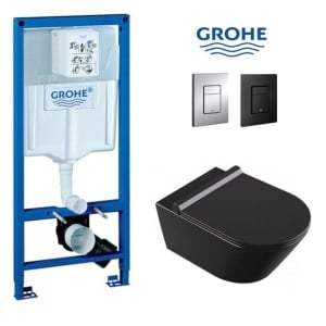 Set Vas WC PRO GROHE, Montaj Suspendat, Ceramica Sanitara, Vas WC SONET BLACK RIMLESS + Capac Soft-Close SLIM Inclus + Cadru + Clapeta - Img 1