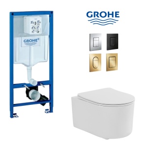 Set vas WC PRO Grohe suspendat, vas WC Fluminia Roco alb, rimless protect, capac soft-close + Cadru + Clapeta