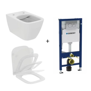 Set vas WC suspendat Ideal Standard I.life B cu capac slim softclose si set rezervor cu cadru incastrat si clapeta crom - Img 1