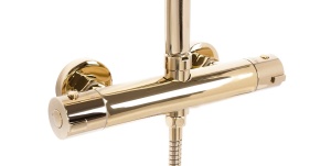Sistem Complet De Dus REA TOM Montaj Pe Perete, Para Dreptunghiulara Tip Ploaie 25 x 17 Cm, 2 Functii De Curgere A Apei, Inaltime 120 cm, Auriu - Img 2