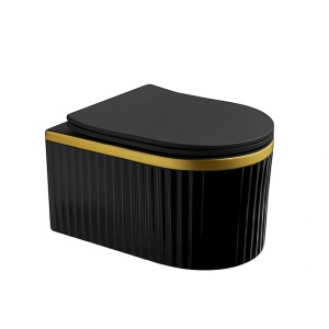 Vas de WC suspendat Luma Black Matt - Gold Brush cu caneluri – rimless, capac soft close