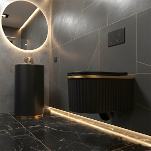 Vas de WC suspendat Luma Black Matt - Gold Brush cu caneluri – rimless, capac soft close - Img 11