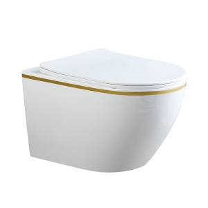 Vas WC suspendat Mizu Tornado White&Gold, rimless cu capac softclose din duroplast