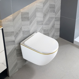 Vas WC suspendat Mizu Tornado White&Gold, rimless cu capac softclose din duroplast - Img 11