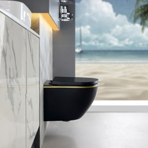 Vas WC suspendat Peak Black Matt&Gold, rimless si cu capac softclose - Img 5