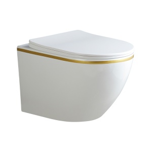 Vase de toaleta suspendat Peak White Matt&Gold, rimless cu capac softclose