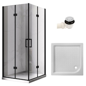 Cabina de dus patrata din sticla securizata si rame negre cu cadita alba antialunecare KZ08D-SXL02C 100 x 100 cm