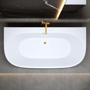 Cada de baie alb lucios cu montaj la perete, Nora 526D, 170 x 85 cm, deversor auriu periat - Img 3