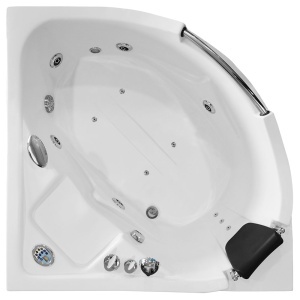 Cada de baie cu hidromasaj de colt MO-0203, 135 x 135 x 75 cm, cromoterapie, radio Bluetooth, alb - Img 2