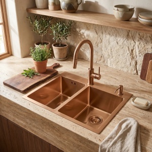 Chiuveta bucatarie cu doua cuve inox Toby Brush Copper - Img 3