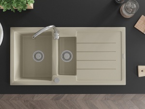 Chiuveta bucatarie din granit cu 1.5 compartimente si scurgator Pro Andres 100 x 50 cm, bej cu sifon crom - Img 4