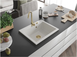Chiuveta bucatarie din granit cu 1 compartiment, culoare alba cu sifon auriu, dimensiune 60x50cm - Img 2