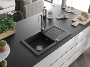 Chiuveta Bucatarie Granit cu 1 compartiment si scurgator, culoare negru, sifon crom, dimensiune 75.2x43.6cm - Img 3