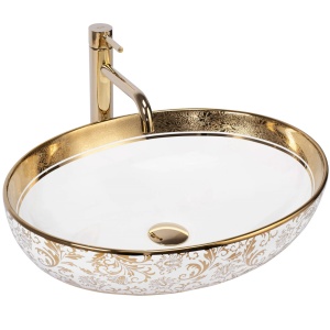 Chiuveta de blat REA MARGOT, Dimensiuni 52 x 40x 13.5 cm, Forma Ovala, Ceramica sanitara, Alb/Auriu - Img 2