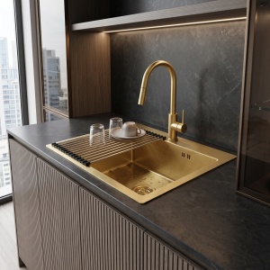 Chiuveta din inox cu set de accesorii Rea Leo 50 Brush Gold - Img 3