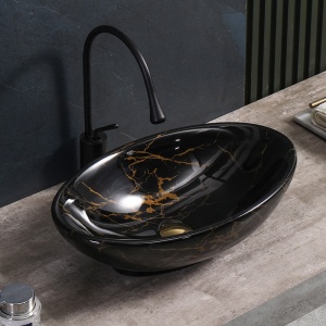Chiuveta lavoar oval cu montaj pe blat, din ceramica,Lumo Black Marble Gloss 53 x 33 cm - Img 2