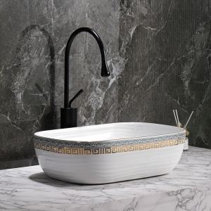 Lavoar ceramic dreptunghiular alb cu decoratiuni gri-aurii si montaj pe blat Milo White Gloss 45 x 32 cm - Img 2