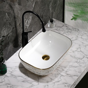 Lavoar ceramic dreptunghiular alb cu detalii florale aurii Milo White Gloss 45 x 32 cm - Img 6
