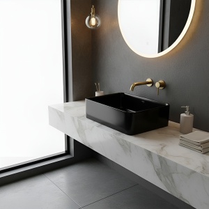 Lavoar ceramic dreptunghiular cu fixare pe blat Luxo Black Gloss 41 x 31 cm - Img 11