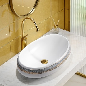 Lavoar ceramic oval alb cu decoratiune aurie Cari 60 x 40 cm - Img 7
