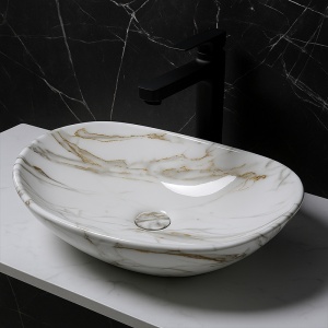 Lavoar ceramic oval alb marmorat cu montaj pe blat Lavi White Gloss 62 x 36 cm - Img 8