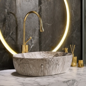 Lavoar ceramic oval cu fixare pe blat Neo Marble Grey Matt 48 x 34 cm - Img 11