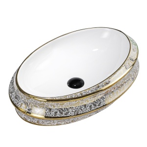 Lavoar ceramic oval cu interior alb si exterior cu decoratiuni aurii Yoko 60 x 40 cm - Img 5