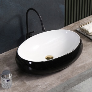 Lavoar ceramic oval cu interior alb si montaj pe blat Cari Black Gloss 60 x 40 cm - Img 9