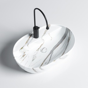 Lavoar ceramic oval cu montaj pe blat, marmura alb lucioasa Emi White Gloss 60 x 40 cm - Img 3