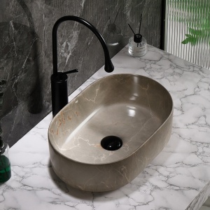 Lavoar ceramic oval din marmura bej cu montaj pe blat Navi 46 x 31 cm - Img 10