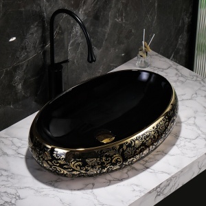 Lavoar ceramic oval negru cu decoratiuni aurii si montaj pe blat Cari 60 x 40 cm - Img 10